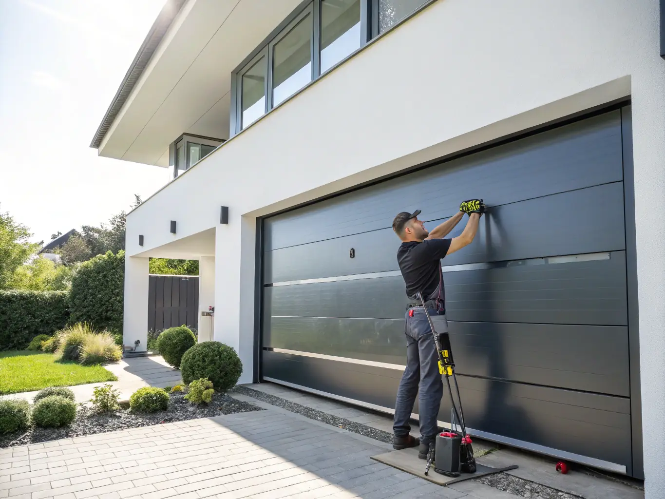 A technician expertly installing a new, modern garage door, showcasing the precision and care taken during the installation process.