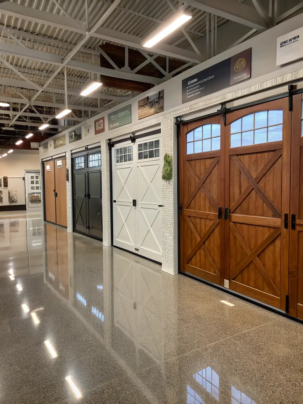 An image displaying a wide selection of garage door styles, from traditional to modern, showcasing the variety of design options available to customers.