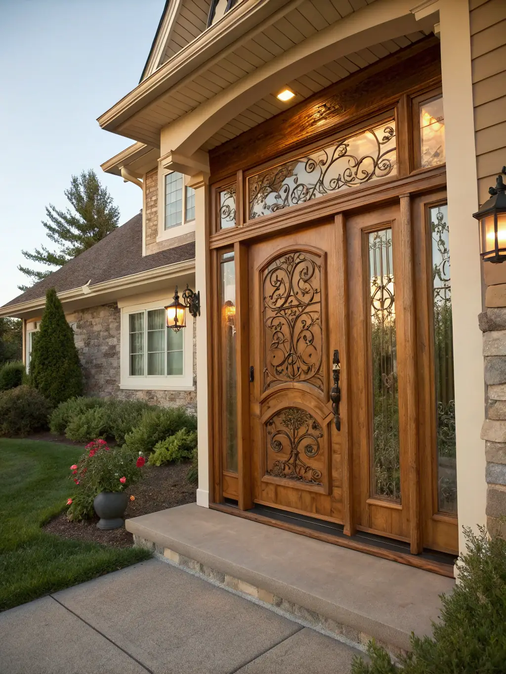 A visually appealing image of a custom-designed wooden garage door, highlighting the unique craftsmanship and personalized design options available.