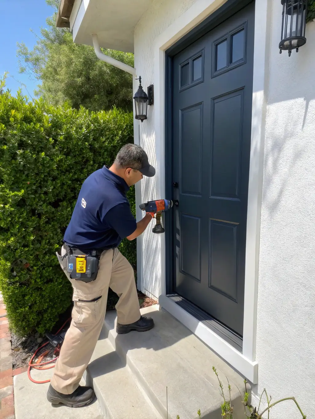 A craftsman working on a custom wooden garage door, emphasizing the unique designs available.