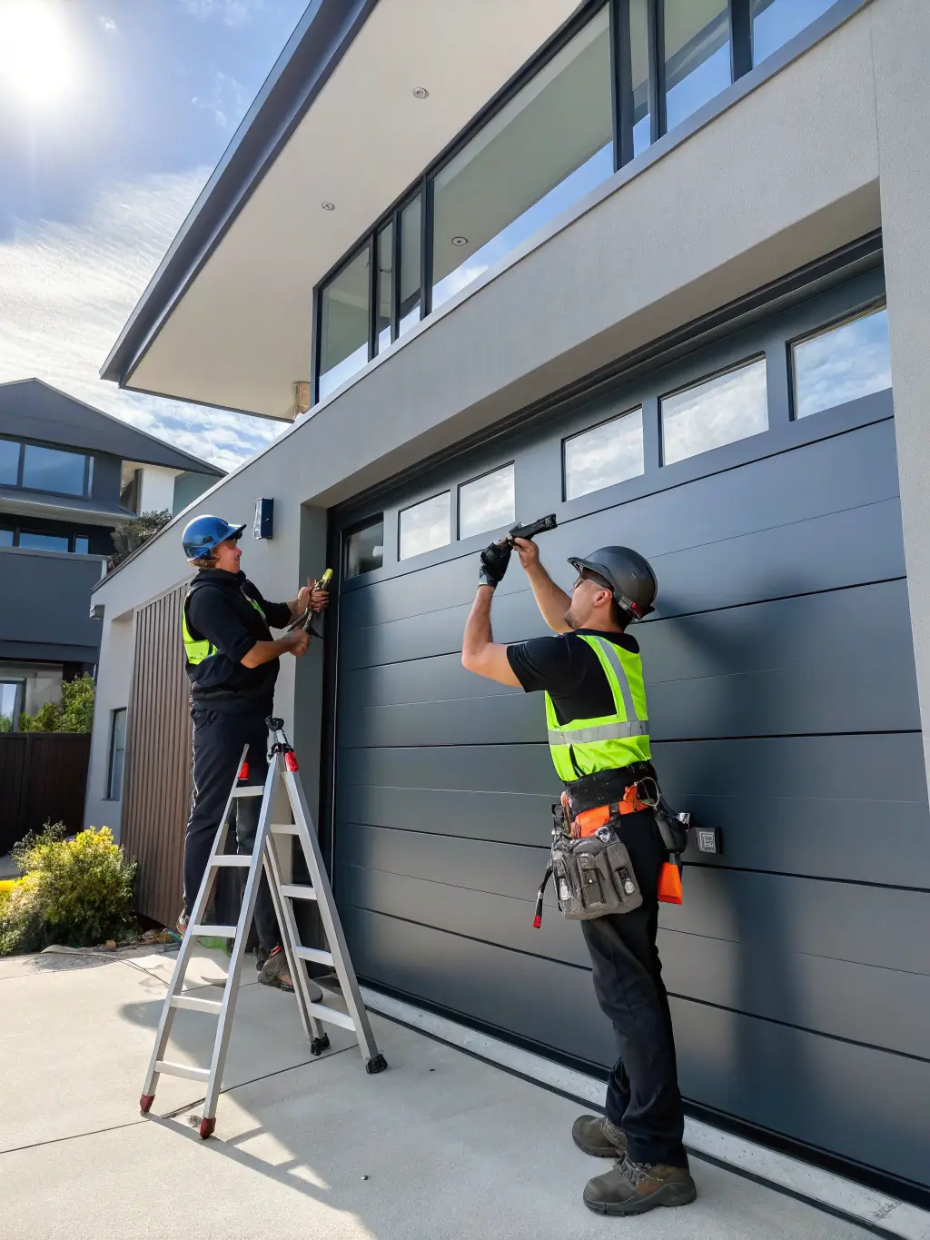A high-quality image depicting a professional technician expertly installing a modern, insulated garage door in a residential setting, showcasing precision and care.