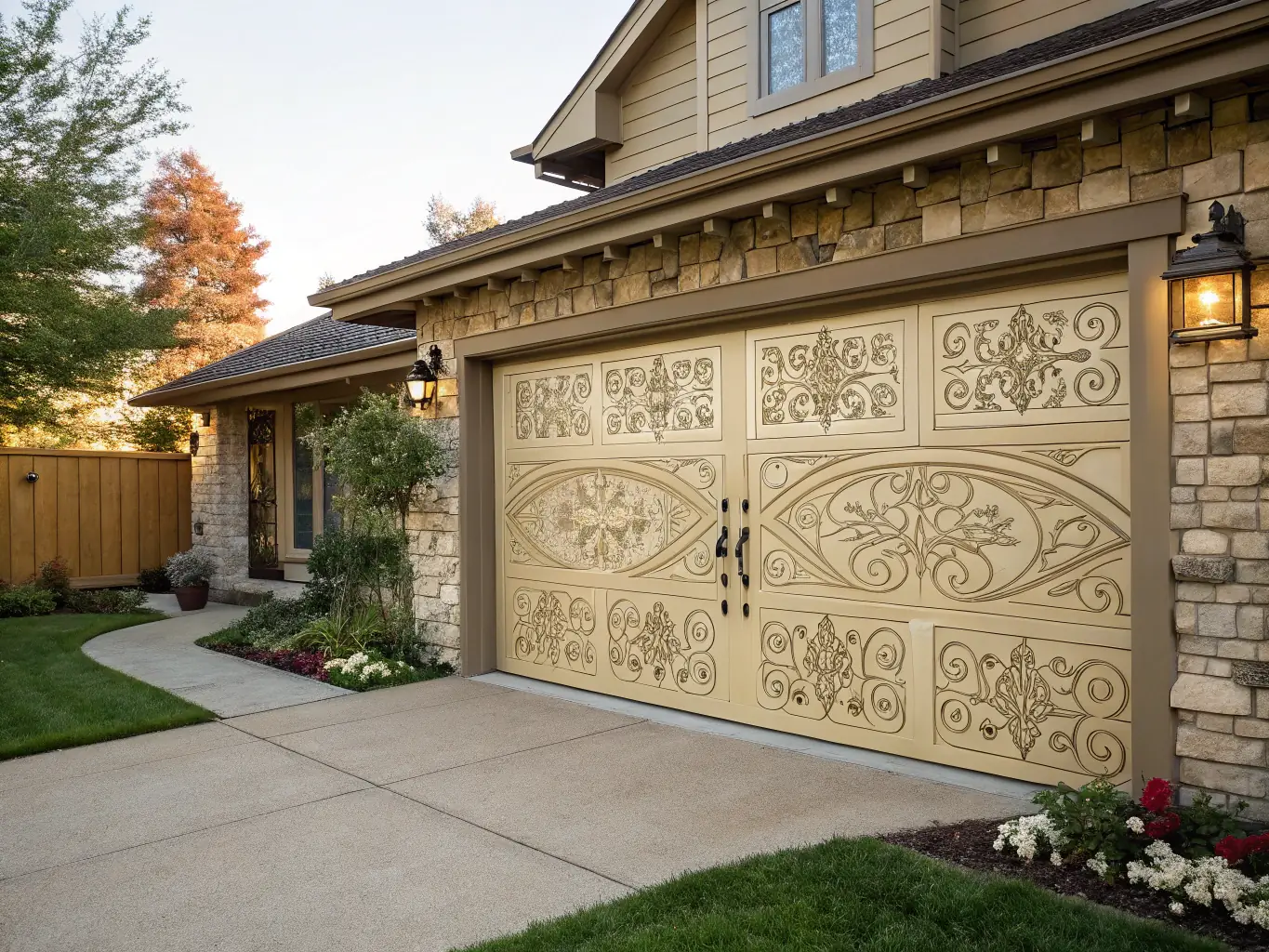 A beautifully designed custom garage door, highlighting its unique features and complementing the home's architecture.
