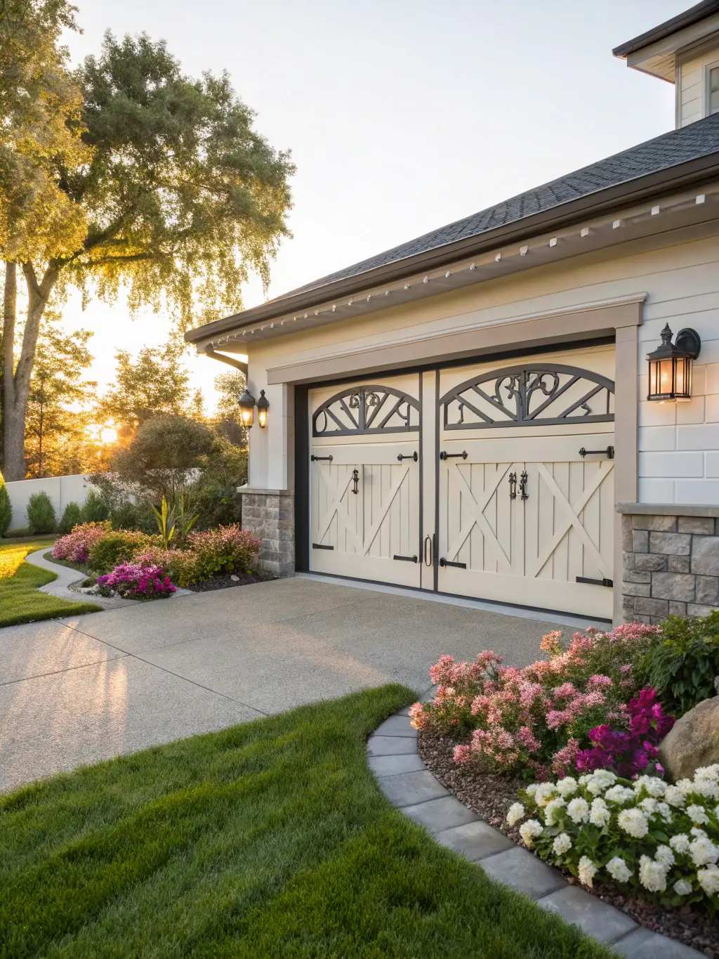 A newly installed, modern garage door with clean lines and a dark finish, showcasing professional installation services.