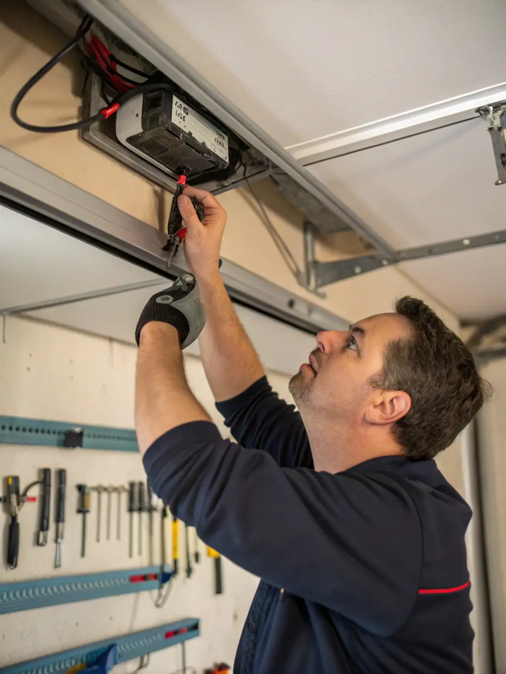 A technician repairing a garage door opener, highlighting the repair services offered by J&H Overhead Garage Doors v LLC.